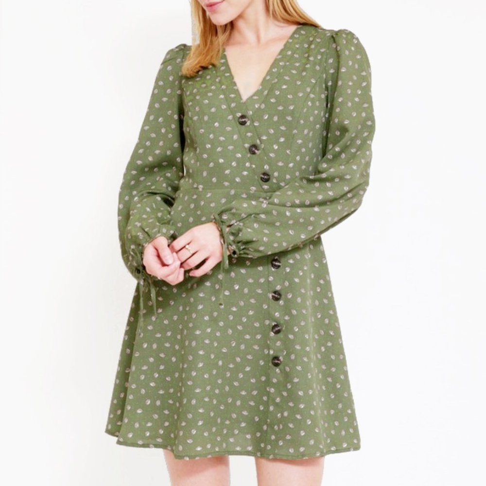 Olive Sage Green Faux Wrap Asymmetric Button Dress - Picture 3 of 8